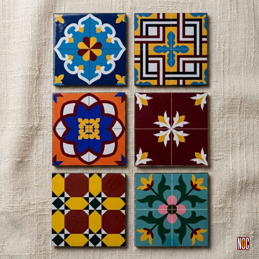 Chettinadu Athangudi Tile Tea Coasters - Pack of 6 Unique Designs